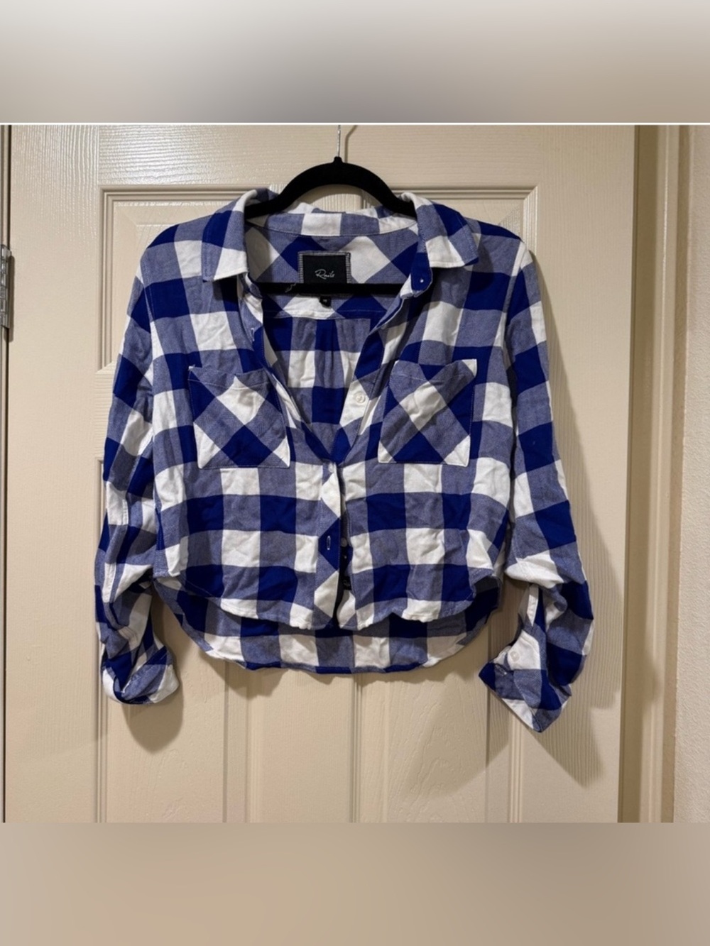 Rails Blue White Plaid Button-Up Crop Shirt Women’s XS Rolled Sleeve Casual Top